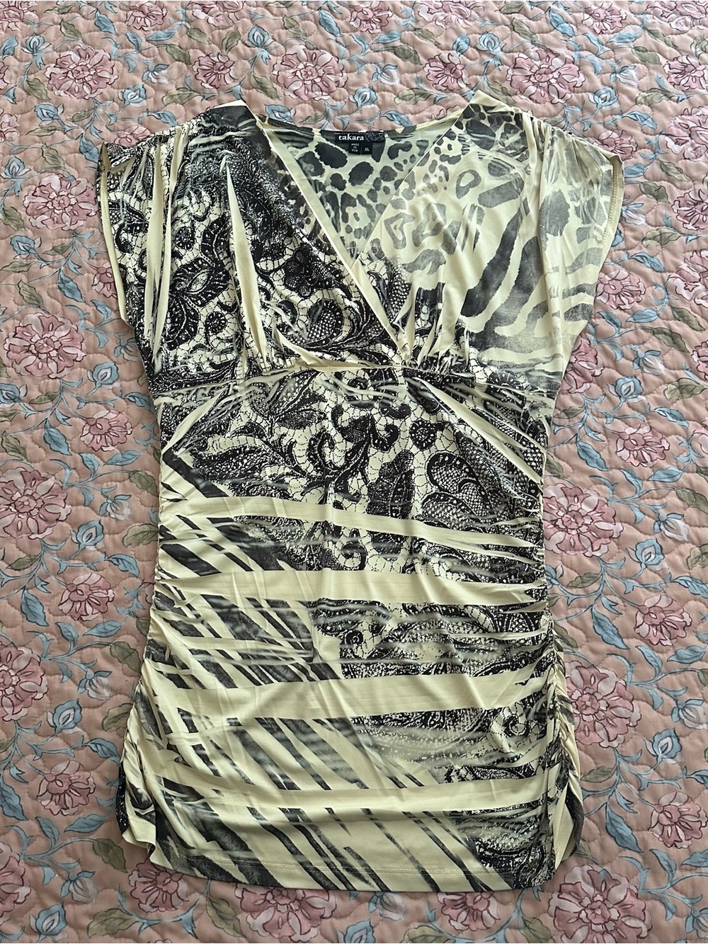 Y2K Takara Pastel Yellow & Black Leopard Tiger Paisley Print Women’s Dress